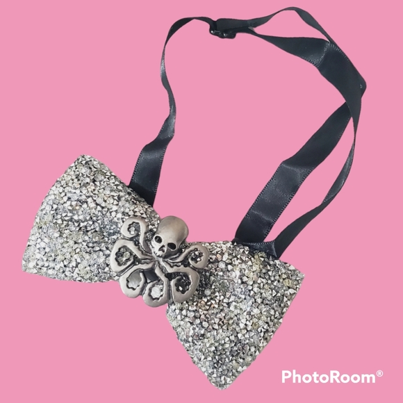 Steampunk octopus mens rhinestones bling bowtie wedding Halloween black silver - Picture 13 of 13